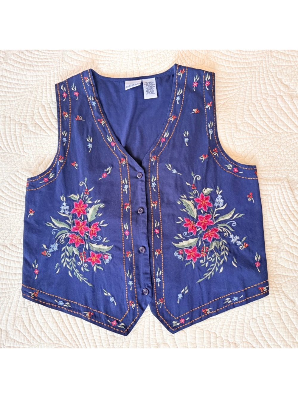 VTG 90s Bobbie Brooks Cottagecore Granny Embroidered Floral Navy Boho Vest Sz L